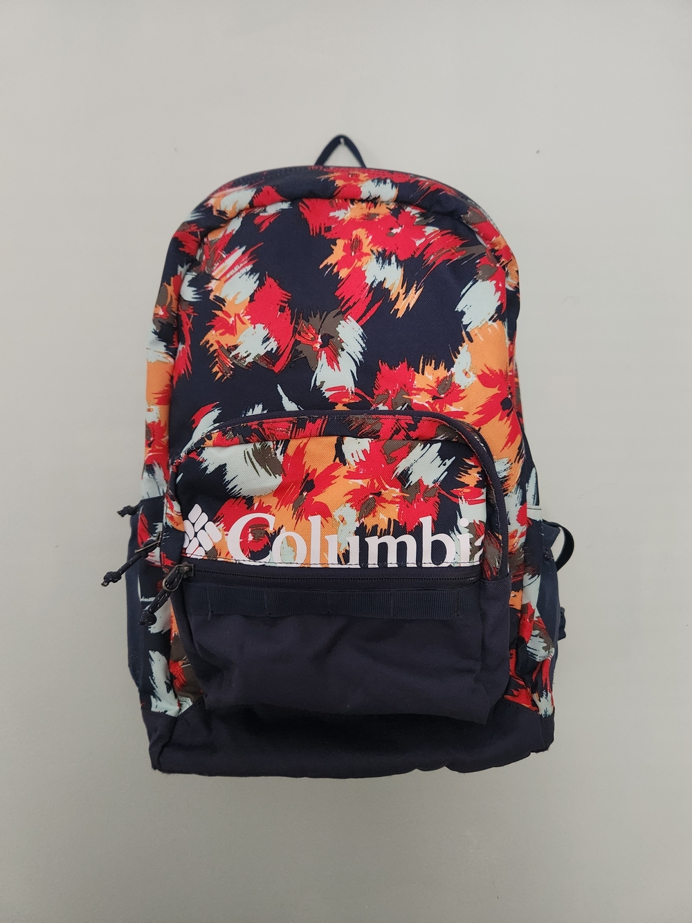 Columbia Navy Backpack with Red, Orange & White Abstract Print
